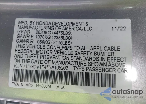 2022 Honda Accord Sport Se z USA, uszkodzony, nr VIN 1HGCV1F47NA105202